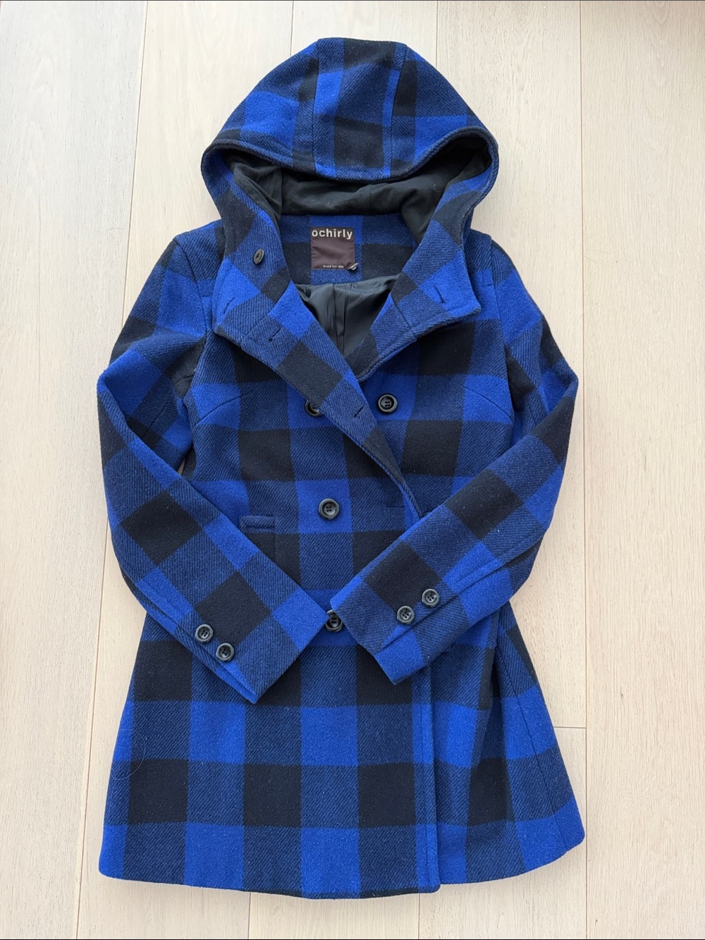 ochirly Blue & Black Plaid Hooded Pea Coat
